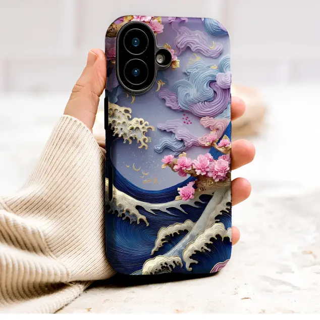 3D Japanese Wave Sakura Blossom Art Print Phone Case Cover for iPhone 17 Pro Max 16 15 Plus 14 13 Mini Samsung S26 S25 Pixel 10 9 9722
