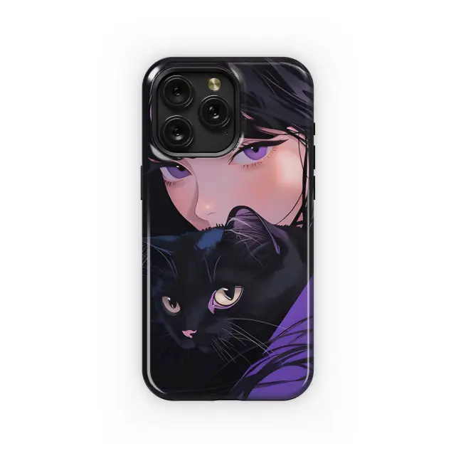 Oppo Reno4 Cute Purpleish Portrait Girl with Black Cat Phone Case