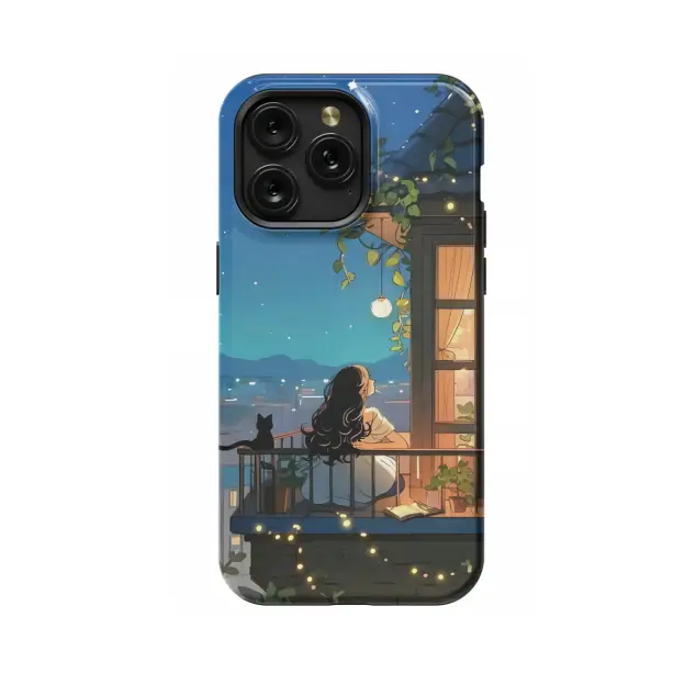 Aesthetic Dreamy Night Sky City Black Cat with Woman Phone Case iPhone Samsung Cover Pixel 1024