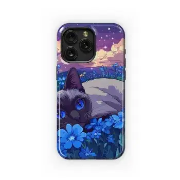 Anime Siamese Cat in Blue Flowers Phone Case iPhone Samsung Cover Pixel 3625 - Image 1