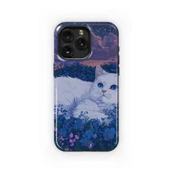 Anime White Cat in Flowers Phone Case iPhone Samsung Cover Pixel 3623 - Image 1