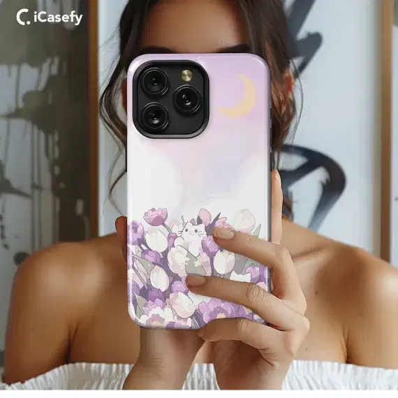 Anime White Cat Tulips Phone Case iPhone Samsung Cover Pixel 1809 - Image 1