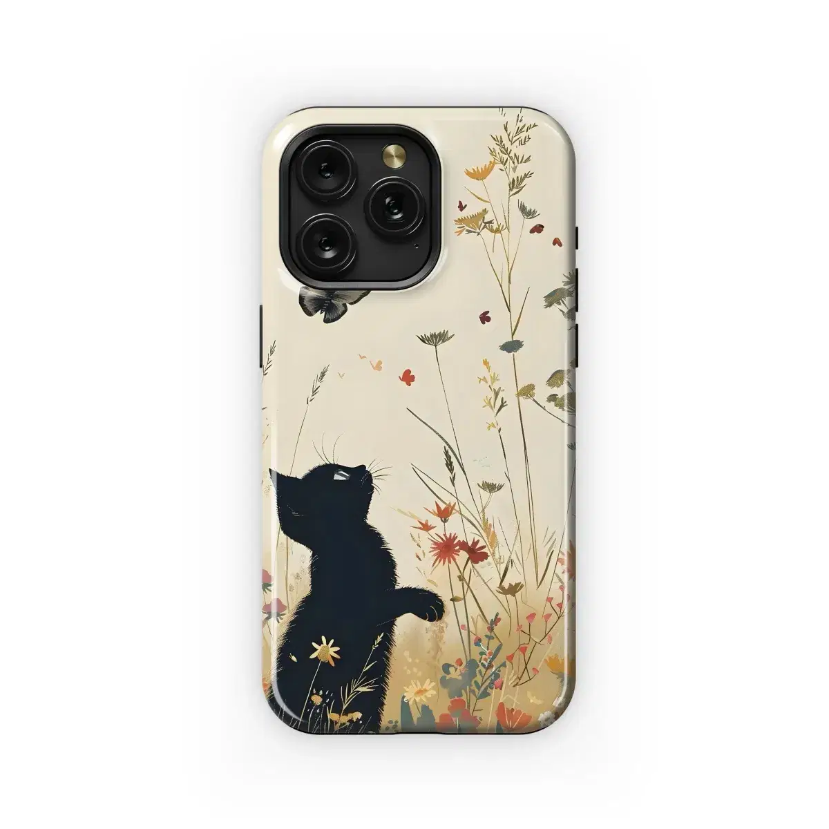 Black Cat Butterfly Meadow Art Phone Case iPhone Samsung Cover Pixel 5385 - Image 1