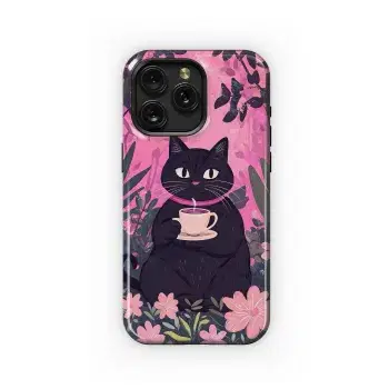 Black Cat Flower Tea Phone Case iPhone Samsung Cover Pixel 3707 - Image 1