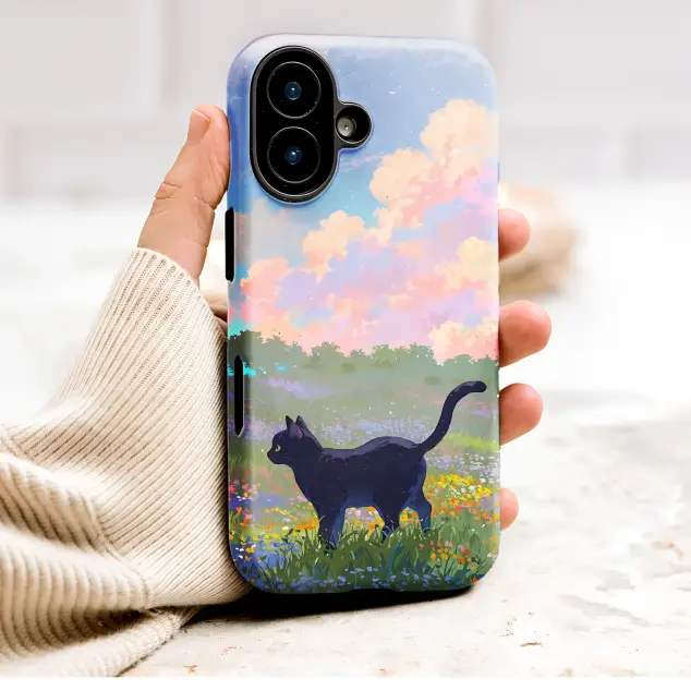 Black Cat Wildflower Meadow Anime Art Illustration Phone Case Cover for iPhone 17 Pro Max 16 15 13 Samsung S26 S25 Pixel 9641