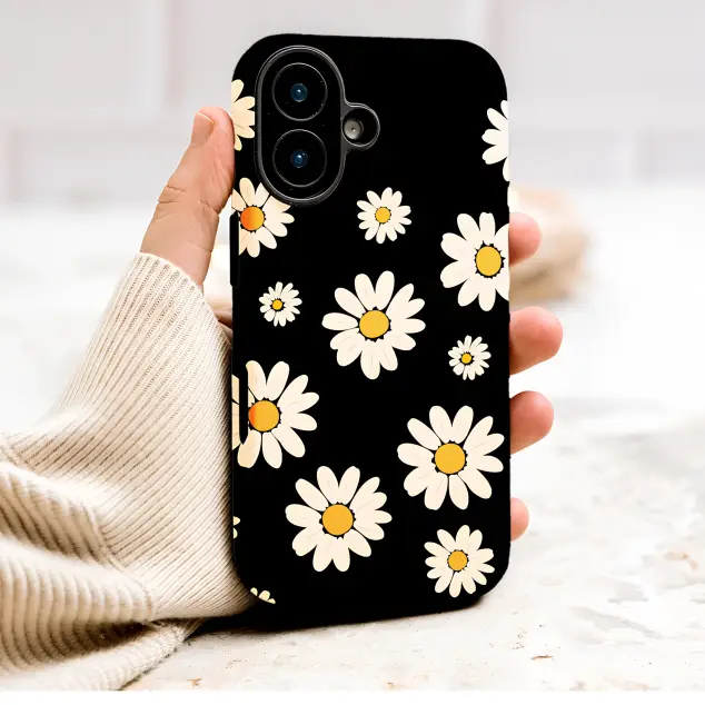 Black Daisy Floral Pattern Botanical Art Phone Case Cover for iPhone 17 Pro Max 16 15 Plus 14 13 Mini Samsung S26 S25 Google Pixel 10 9 9996