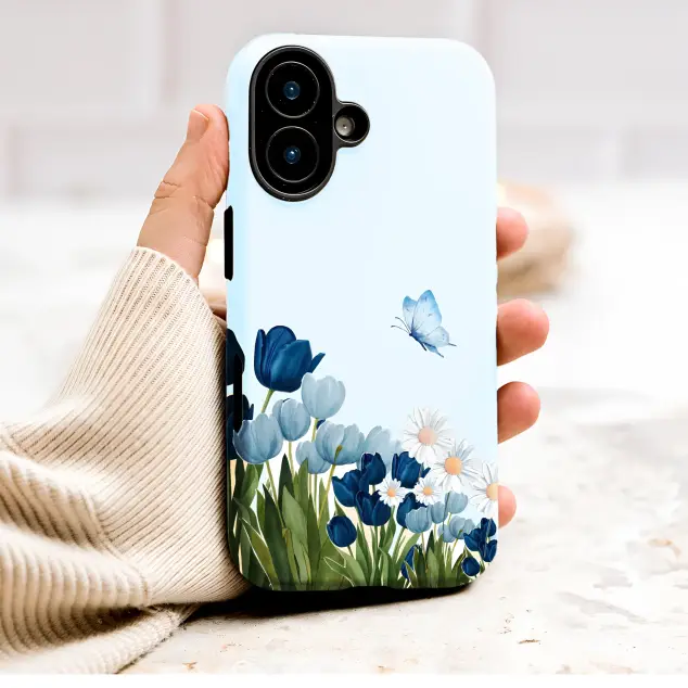 Blue Tulip Butterfly Garden Floral Illustration Phone Case Cover for iPhone 17 Pro Max 16 15 13 Samsung S26 S25 Pixel 10078