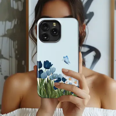 Blue Tulip Butterfly Garden Floral Illustration Phone Case Cover for iPhone 17 Pro Max 16 15 13 Samsung S26 S25 Pixel 10078 - Image 2