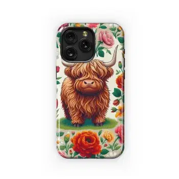 Cartoon Highland Cow Flower Phone Case iPhone Samsung Cover Pixel 3322 - Image 1