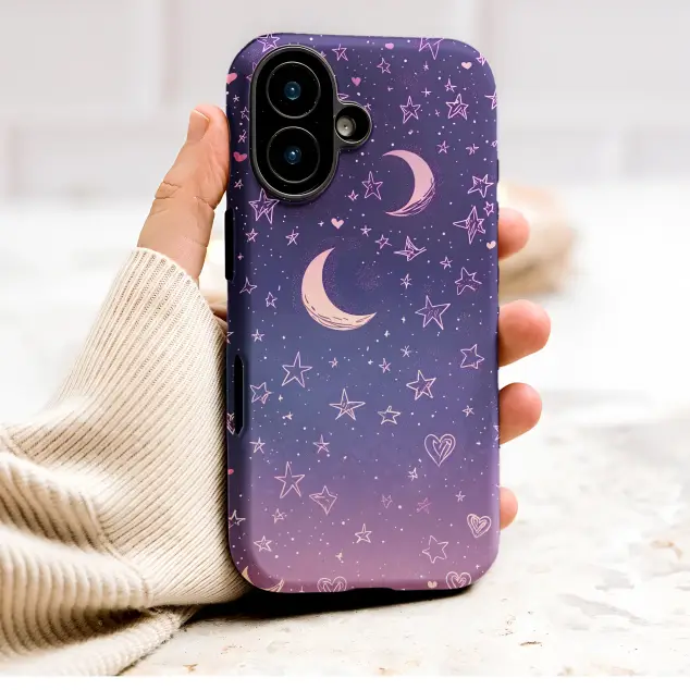 Celestial Doodle Starry Night Sky Pink Moon Hearts Aesthetic Phone Case Cover for iPhone 17 Pro Max 16 15 13 Samsung S25 S24 Pixel 8989