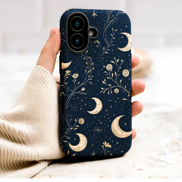 Celestial Floral Moon and Stars Illustration Phone Case Cover for iPhone 17 Pro Max 16 15 Plus 14 13 Mini Samsung S26 S25 Pixel 10 9 9647
