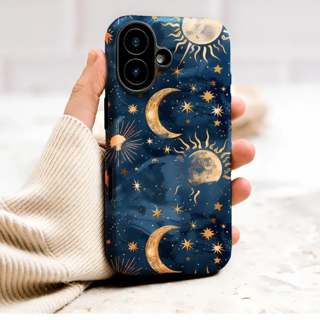 Celestial Gold Sun Moon and Stars on Navy Blue Phone Case Cover for iPhone 17 Pro Max 16 15 Plus 14 13 Mini Samsung S26 S25 Pixel 10 9 9748