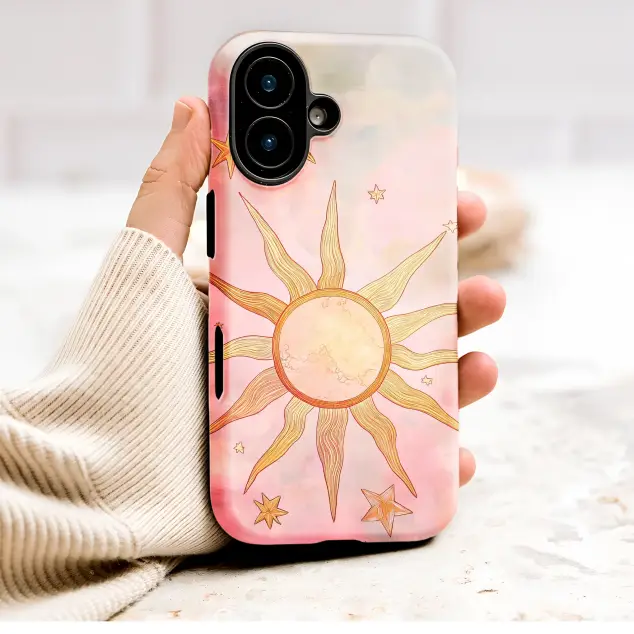 Celestial Sun and Stars with Pink Painted Sky Phone Case Cover for iPhone 17 Pro Max 16 15 Plus 14 13 Mini Samsung S26 S25 Pixel 10 9 9591