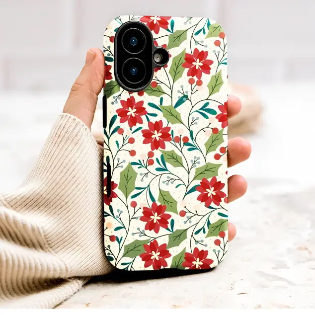 Christmas Poinsettia Holly Berry Pattern Phone Case Cover for iPhone 17 Pro Max 16 15 Plus 14 13 Mini Samsung S25 S24 Google Pixel 10 9 9180