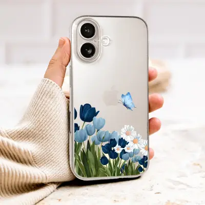 Clear Clear Blue Tulip Daisy Garden Floral Butterfly Art Phone Case Cover for iPhone 17 Pro Max 16 15 13 Samsung S26 S25 Pixel 10082 - Image 1