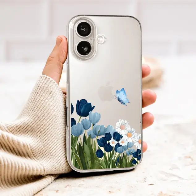 Clear Clear Blue Tulip Daisy Garden Floral Butterfly Art Phone Case Cover for iPhone 17 Pro Max 16 15 13 Samsung S26 S25 Pixel 10082