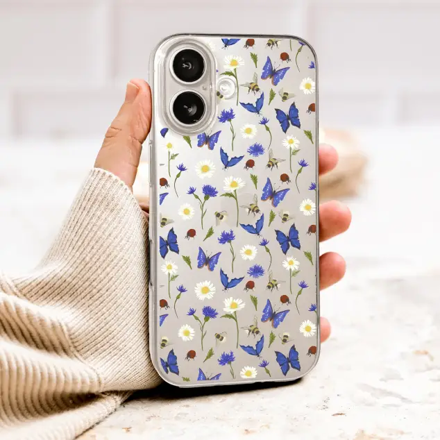 Clear Clear Botanical Butterfly Wildflower Meadow Illustration Phone Case Cover for iPhone 17 Pro Max 16 15 13 Samsung S26 S25 Pixel 10057