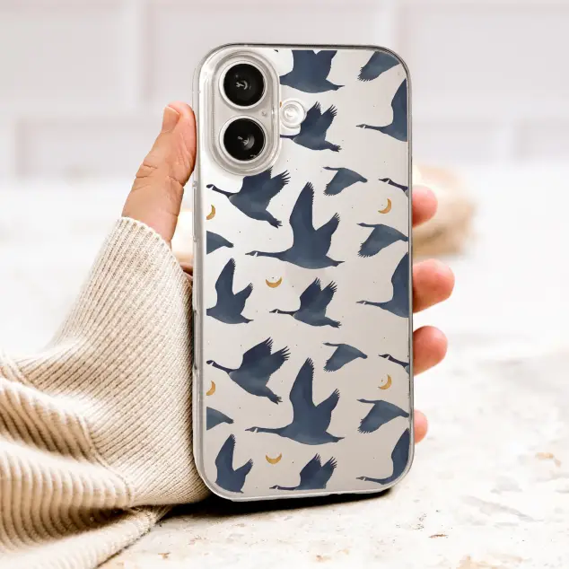 Clear Clear Celestial Flying Geese and Moon Watercolor Art Phone Case Cover for iPhone 17 Pro Max 16 15 13 Samsung S26 S25 Pixel 10068