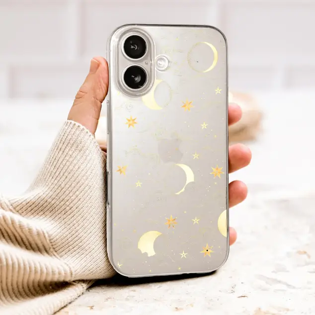 Clear Clear Celestial Gold Moon and Stars Sky Art Phone Case Cover for iPhone 17 Pro Max 16 15 Plus 14 13 Mini Samsung S26 S25 Pixel 10 9 9987