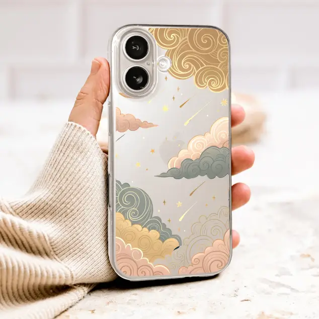 Clear Clear Celestial Night Sky with Golden Moon and Swirl Clouds Phone Case Cover for iPhone 17 Pro Max 16 15 13 Samsung S26 S25 Pixel 10017