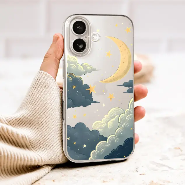 Clear Clear Celestial Night Sky with Moon and Stars Illustration Phone Case Cover for iPhone 17 Pro Max 16 15 13 Samsung S26 S25 Pixel 10016