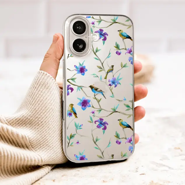Clear Clear Chinoiserie Bird and Floral Watercolor Pattern Phone Case Cover for iPhone 17 Pro Max 16 15 13 Samsung S26 S25 Pixel 10059