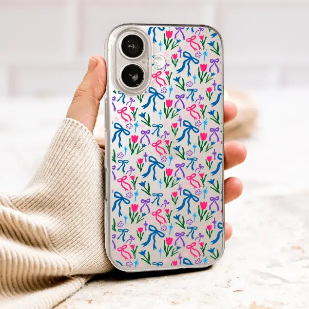 Clear Clear Coquette Bows and Tulips Floral Pattern Phone Case Cover for iPhone 17 Pro Max 16 15 Plus 14 13 Mini Samsung S26 S25 Pixel 10 9 10045