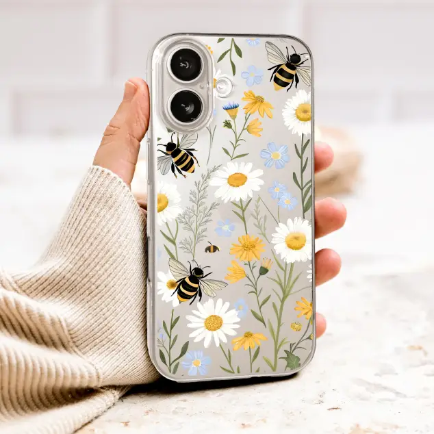 Clear Clear Cottagecore Bee and Wildflower Garden Print Phone Case Cover for iPhone 17 Pro Max 16 15 13 Samsung S26 S25 Pixel 10095