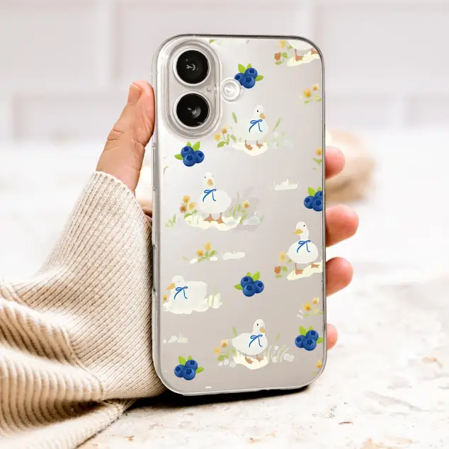 Clear Clear Cottagecore Duck Blueberry Garden Illustration Phone Case Cover for iPhone 17 Pro Max 16 15 13 Samsung S26 S25 Pixel 10065