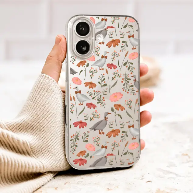 Clear Clear Cottagecore Goose and Wildflower Meadow Pattern Phone Case Cover for iPhone 17 Pro Max 16 15 13 Samsung S26 S25 Pixel 10026