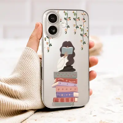 Clear Clear Cottagecore Reading Girl on Books Floral Illustration Phone Case Cover for iPhone 17 Pro Max 16 15 13 Samsung S26 S25 Pixel 10091 - Image 1