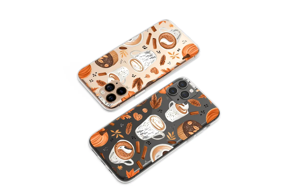 Clear Clear Cozy Autumn Pumpkin Spice Latte Pattern Phone Case Cover for iPhone 17 Pro Max 16 15 Plus 14 13 Mini Samsung S25 S24 Pixel 10 9 8654 - Image 1