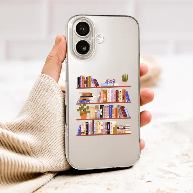 Clear Clear Cozy Library Bookshelf Reader Illustration Phone Case Cover for iPhone 17 Pro Max 16 15 13 Samsung S26 S25 Pixel 9980