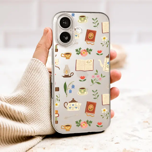 Clear Clear Cozy Library Cottagecore Book and Tea Pattern Phone Case Cover for iPhone 17 Pro Max 16 15 13 Samsung S26 S25 Pixel 9988