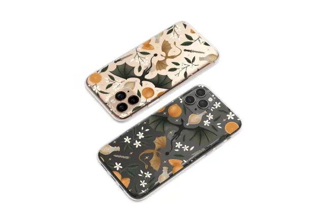 Clear Clear Dark Fantasy Dragon Orange Blossom Print Phone Case Cover for iPhone 17 Pro Max 16 15 Plus 14 13 Mini Samsung S26 S25 Pixel 10 9 9532