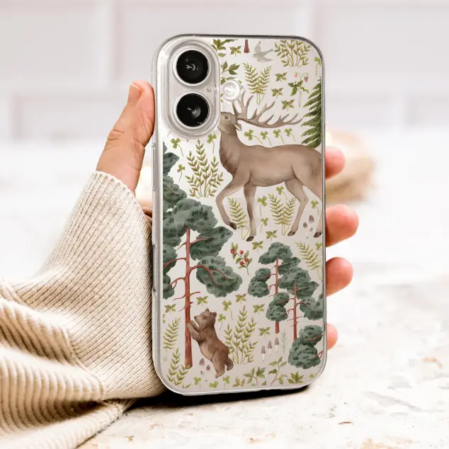 Clear Clear Enchanted Forest Woodland Animal Illustration Phone Case Cover for iPhone 17 Pro Max 16 15 13 Samsung S26 S25 Pixel 10025