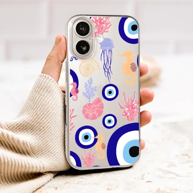Clear Clear Evil Eye Nautical Pattern with Sea Creatures Phone Case Cover for iPhone 17 Pro Max 16 15 13 Samsung S26 S25 Pixel 10083