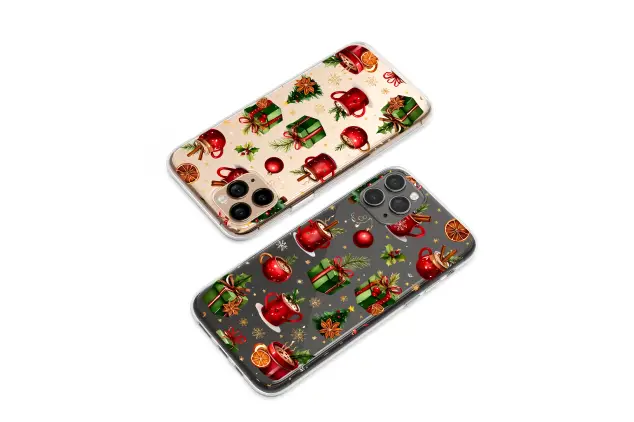 Clear Clear Festive Christmas Glitch Art with Hot Cocoa and Trees Phone Case Cover for iPhone 17 Pro Max 16 15 13 Samsung S25 S24 Pixel 8937