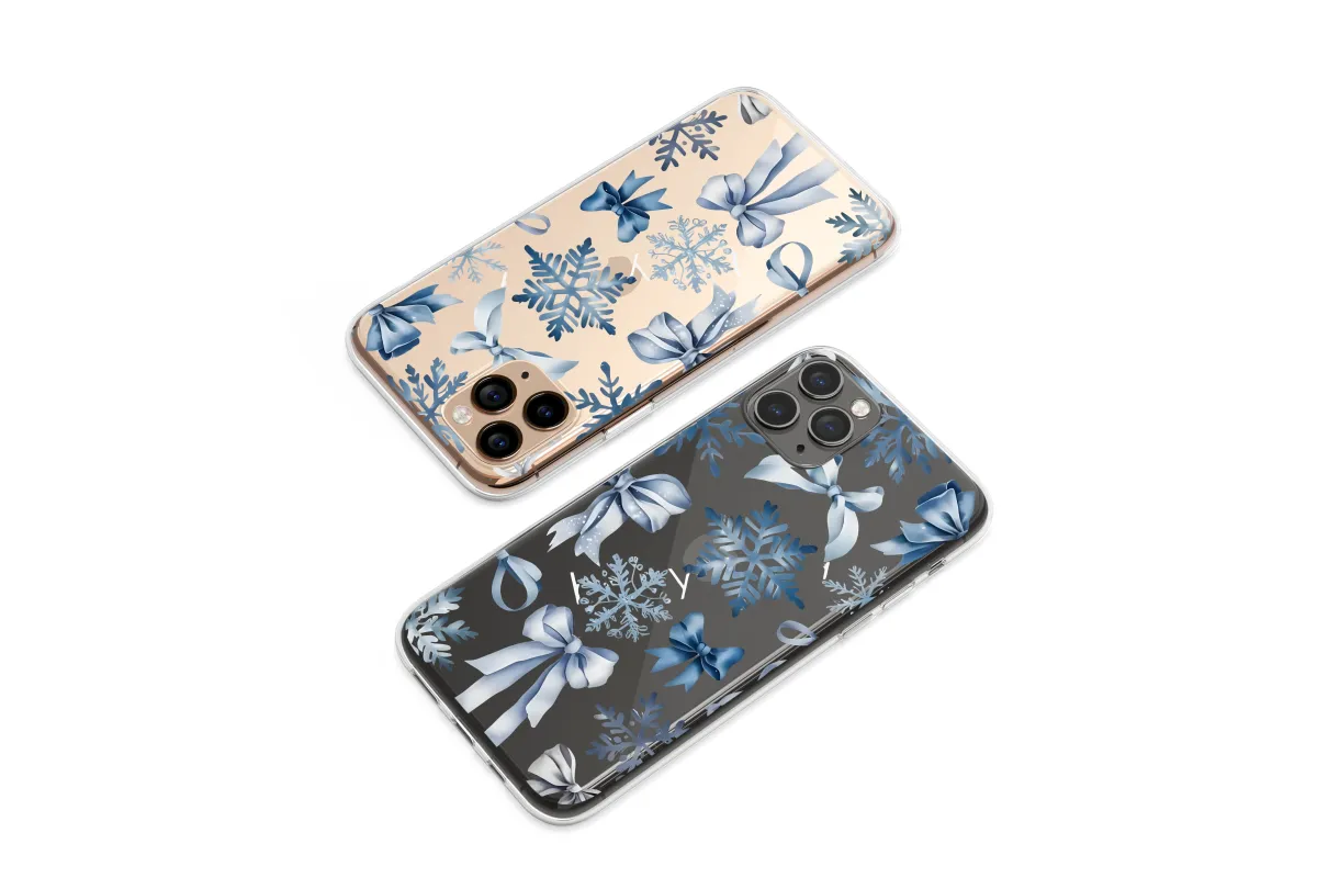 Clear Clear Frosted Snowflake and Blue Ribbon Bow Pattern Phone Case Cover for iPhone 17 Pro Max 16 15 13 Samsung S25 S24 Pixel 8734 - Image 1
