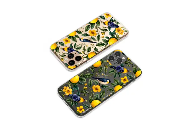 Clear Clear Glitchy Lemon Bird Botanical Art Phone Case Cover for iPhone 17 Pro Max 16 15 Plus 14 13 Mini Samsung S25 S24 Google Pixel 10 9 9330