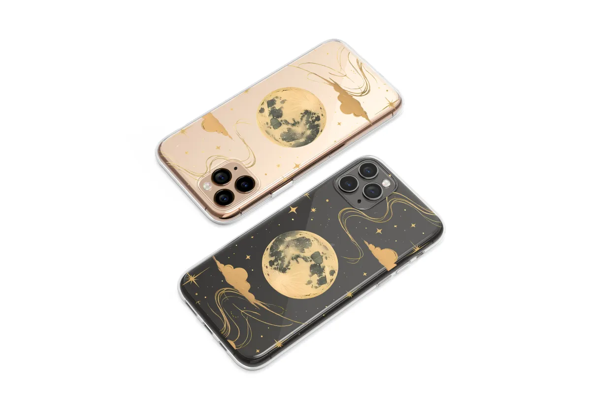 Clear Clear Golden Celestial Moon and Stars Graphic Art Phone Case Cover for iPhone 17 Pro Max 16 15 13 Samsung S25 S24 Pixel 8326 - Image 1