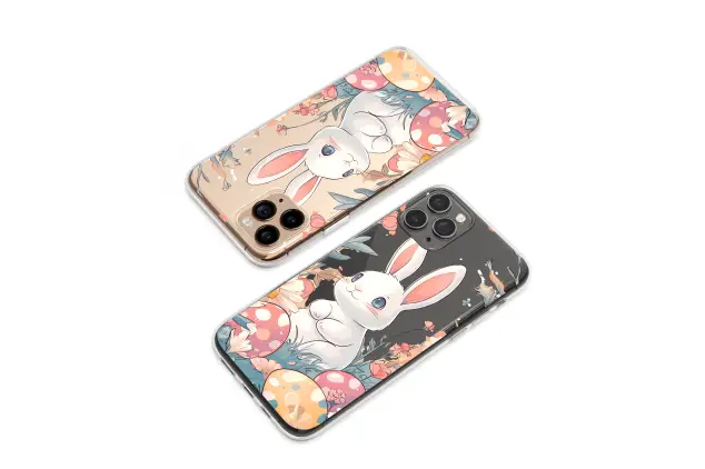 Clear Clear Kawaii Easter Bunny Floral Illustration with Painted Eggs Phone Case Cover for iPhone 17 Pro Max 16 15 13 Samsung S26 S25 Pixel 9422
