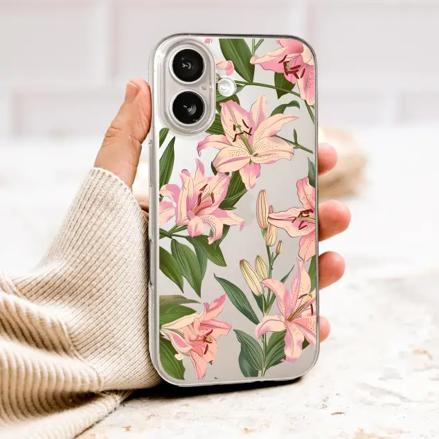 Clear Clear Pink Lily Botanical Floral Illustration Phone Case Cover for iPhone 17 Pro Max 16 15 Plus 14 13 Mini Samsung S26 S25 Pixel 10 9 10087