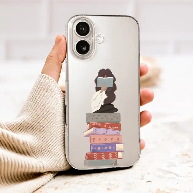 Clear Clear Reading Girl on Book Stack Illustration Phone Case Cover for iPhone 17 Pro Max 16 15 Plus 14 13 Mini Samsung S26 S25 Pixel 10 9 10092