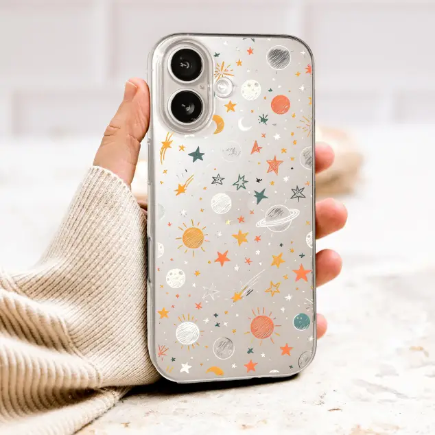 Clear Clear Sketchy Celestial Galaxy Sun Moon Pattern Phone Case Cover for iPhone 17 Pro Max 16 15 Plus 14 13 Mini Samsung S26 S25 Pixel 10 9 9990