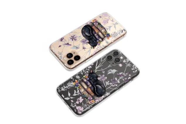 Clear Clear Sleeping Black Cat on Books Whimsical Floral Art Phone Case Cover for iPhone 17 Pro Max 16 15 13 Samsung S25 S24 Pixel 9368