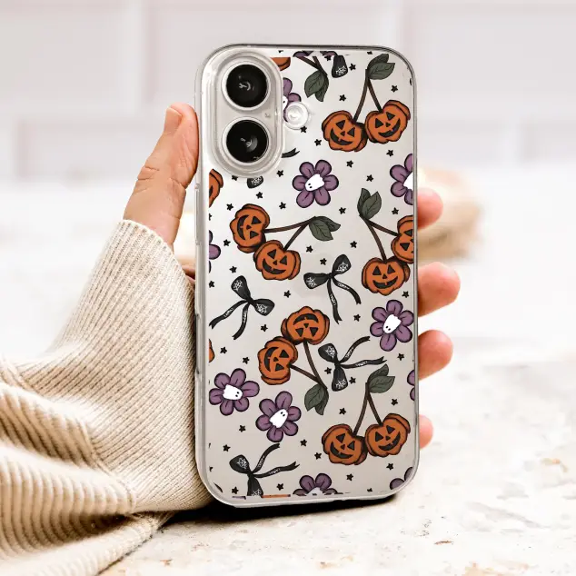 Clear Clear Spooky Cherry Pumpkin Ghost Flower Halloween Pattern Phone Case Cover for iPhone 17 Pro Max 16 15 13 Samsung S26 S25 Pixel 10010