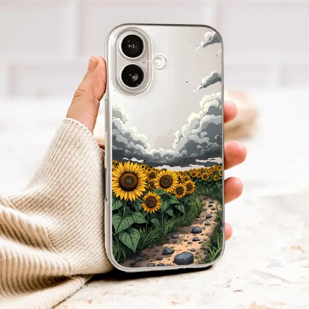 Clear Clear Sunflower Field Path Illustration Floral Nature Art Phone Case Cover for iPhone 17 Pro Max 16 15 13 Samsung S26 S25 Pixel 9994