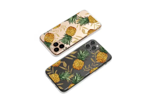 Clear Clear Tropical Pineapple Illustration with Gold Leaf Phone Case Cover for iPhone 17 Pro Max 16 15 13 Samsung S26 S25 Pixel 9866