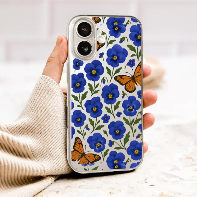 Clear Clear Vibrant Pansy and Monarch Butterfly Botanical Design Phone Case Cover for iPhone 17 Pro Max 16 15 13 Samsung S26 S25 Pixel 10018